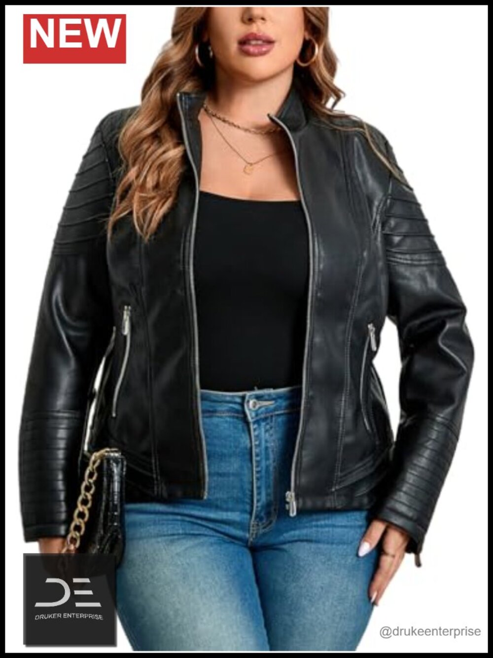Plus Size Faux Leather Zip Up Moto Jacket Quilted Biker Coat 1X-5X